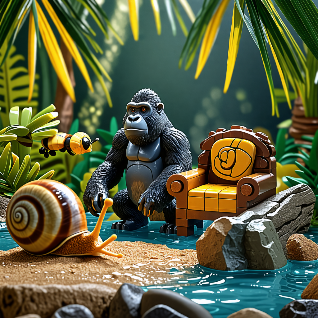 bee, snail, log, starfish, couch, squirrel, gorilla, lego, rock, palm tree